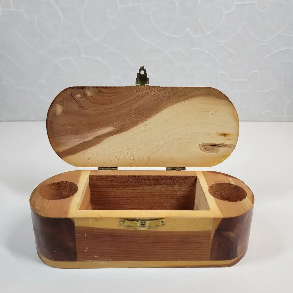 Vintage Mango Wood Box Two Tone Brown Trinket Jewelry Hinged Closure Hollywood